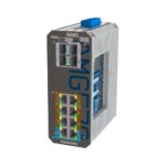 Netzwerk-Switch mit mehreren Ethernet-Ports und LED-Anzeigen auf einem grauen Gehäuse.