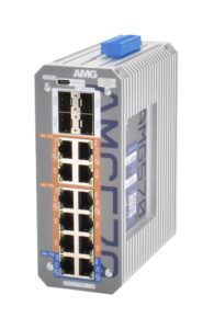 Industrieller Netzwerk-Switch mit mehreren Ethernet-Anschlüssen und einem robusten grauen Gehäuse.