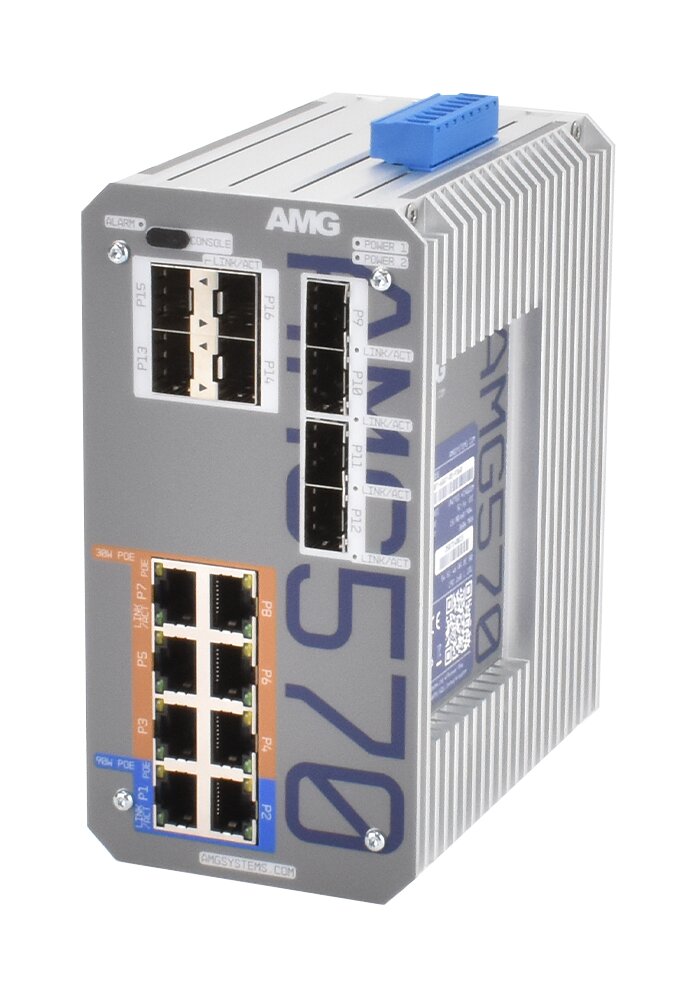Ein industrieller Netzwerk-Switch mit mehreren Ethernet- und SFP-Ports, wobei die obere Abdeckung blau ist.