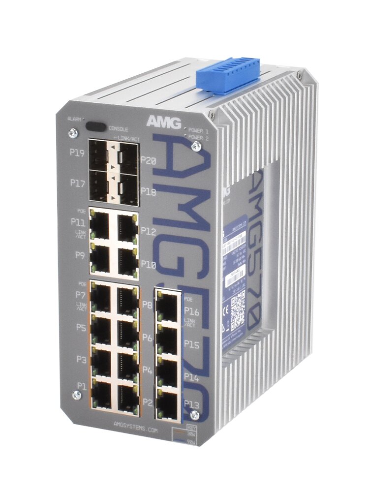 Industrie-Switch mit mehreren Ethernet-Ports und blauen Steckverbindungen auf der Oberseite.