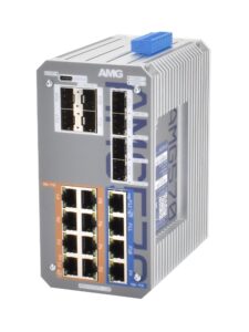 Grauer Industrie-Switch mit mehreren Netzwerkanschlüssen und blauem Verbindungselement oben.