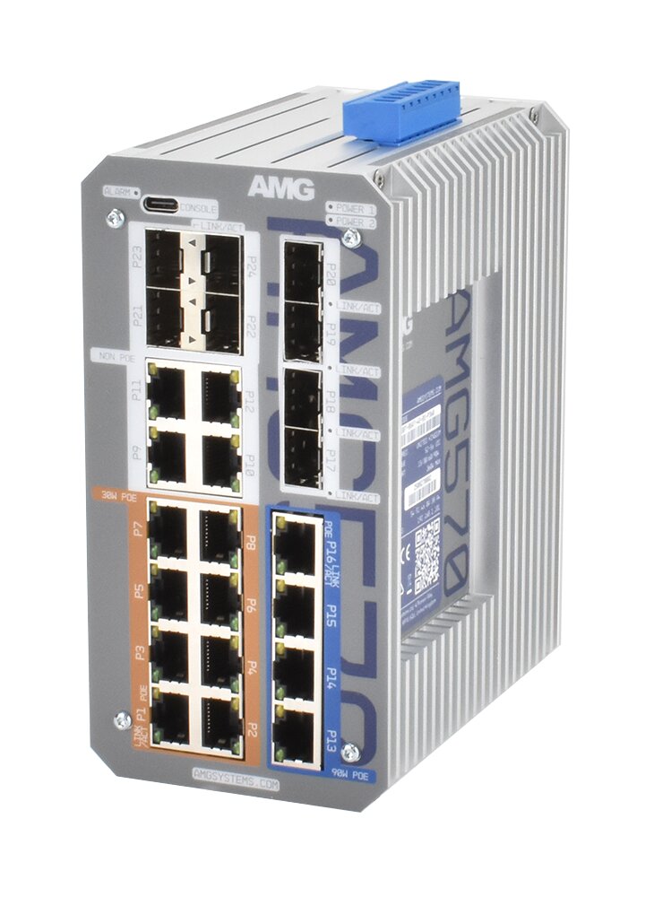 Industrieswitch mit mehreren Ethernet-Ports und einem grauen Gehäuse mit blauen und schwarzen Steckplätzen.