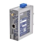 Industrie-Netzwerkgerät mit blauer Steckverbindung und Ethernet-Port auf der Vorderseite, Marke AMG.