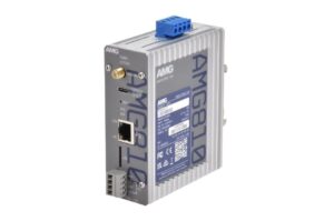 Industrie-Netzwerkgerät mit blauer Steckverbindung und Ethernet-Port auf der Vorderseite, Marke AMG.