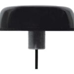 Schwarze zylinderförmige Antenne mit Gewinde und Kabel an der Unterseite.