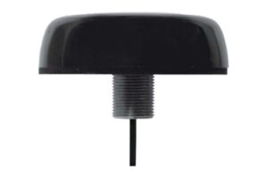 Schwarze zylinderförmige Antenne mit Gewinde und Kabel an der Unterseite.