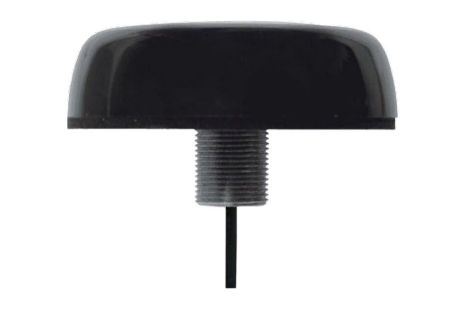 Schwarze zylinderförmige Antenne mit Gewinde und Kabel an der Unterseite.