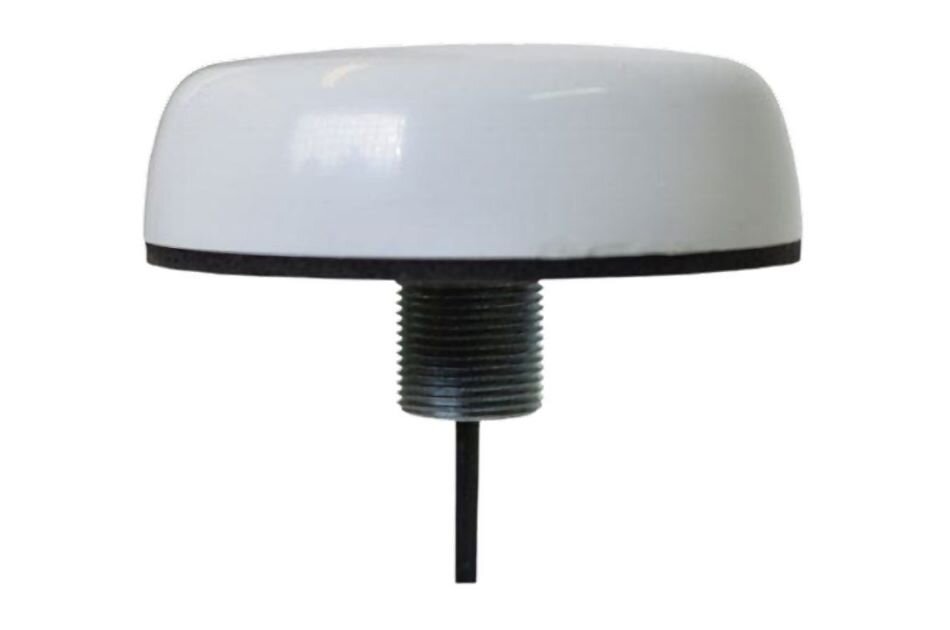 Runde, weiße Antenne mit Gewinde und schwarzem Kabel darunter.