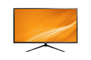 Ein schwarzer Computerbildschirm mit einem orangefarbenen Hintergrund und geschwungenem Muster.