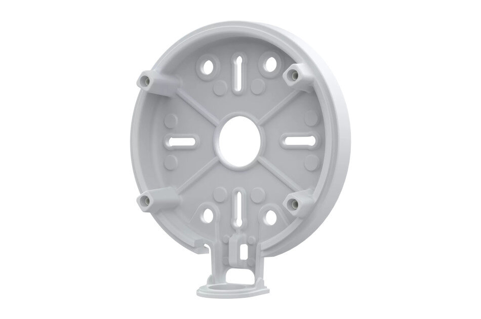 Runde weiße Montageplatte mit mehreren Befestigungslöchern und zentraler Öffnung.