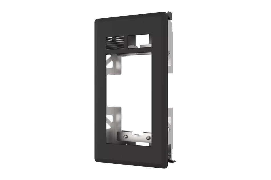 Schwarzer Kunststoffrahmen mit Aussparungen für einen Schalter oder Steckdose, ohne Einsatz.
