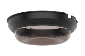 Ein runder, schwarzer LED-Deckeneinbauspot mit transparenter Abdeckung.