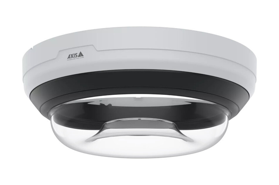 Weiß-schwarze Deckenüberwachungskamera mit transparentem Gehäuse und sichtbarem Axis-Logo.