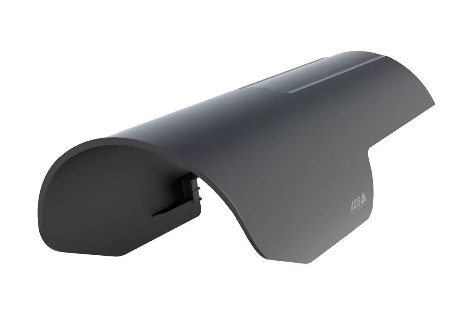 Schwarze, gebogene Abdeckung mit glatter Oberfläche, seitlich beschriftet.