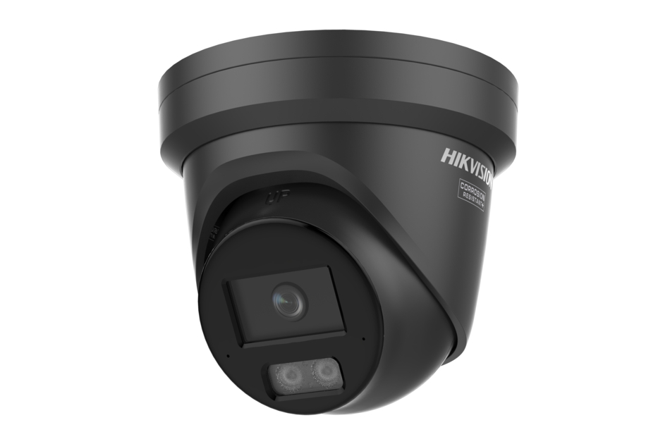 Schwarze Überwachungskamera von Hikvision mit zwei Linsen und einem runden Gehäuse.