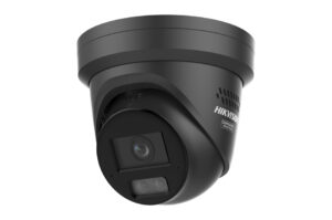 Schwarze Überwachungskamera der Marke Hikvision mit kugelförmigem Design und zwei Linsen.