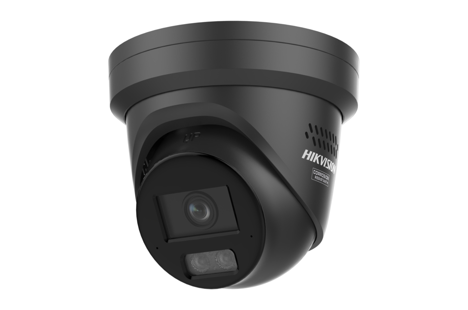 Schwarze Überwachungskamera der Marke Hikvision mit kugelförmigem Design und zwei Linsen.