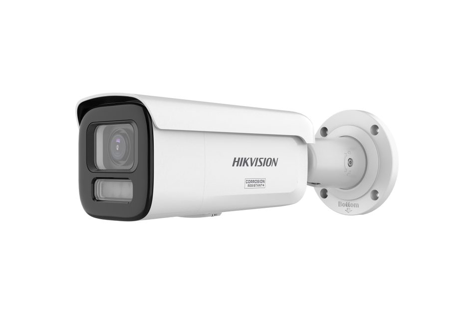 Überwachungskamera der Marke Hikvision mit zylindrischem Gehäuse zur Wandmontage.