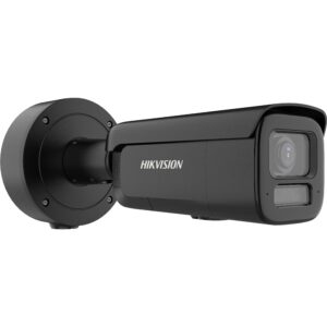 Schwarze Überwachungskamera von Hikvision mit einem zylinderförmigen Gehäuse und einem verstellbaren Wandhalter.
