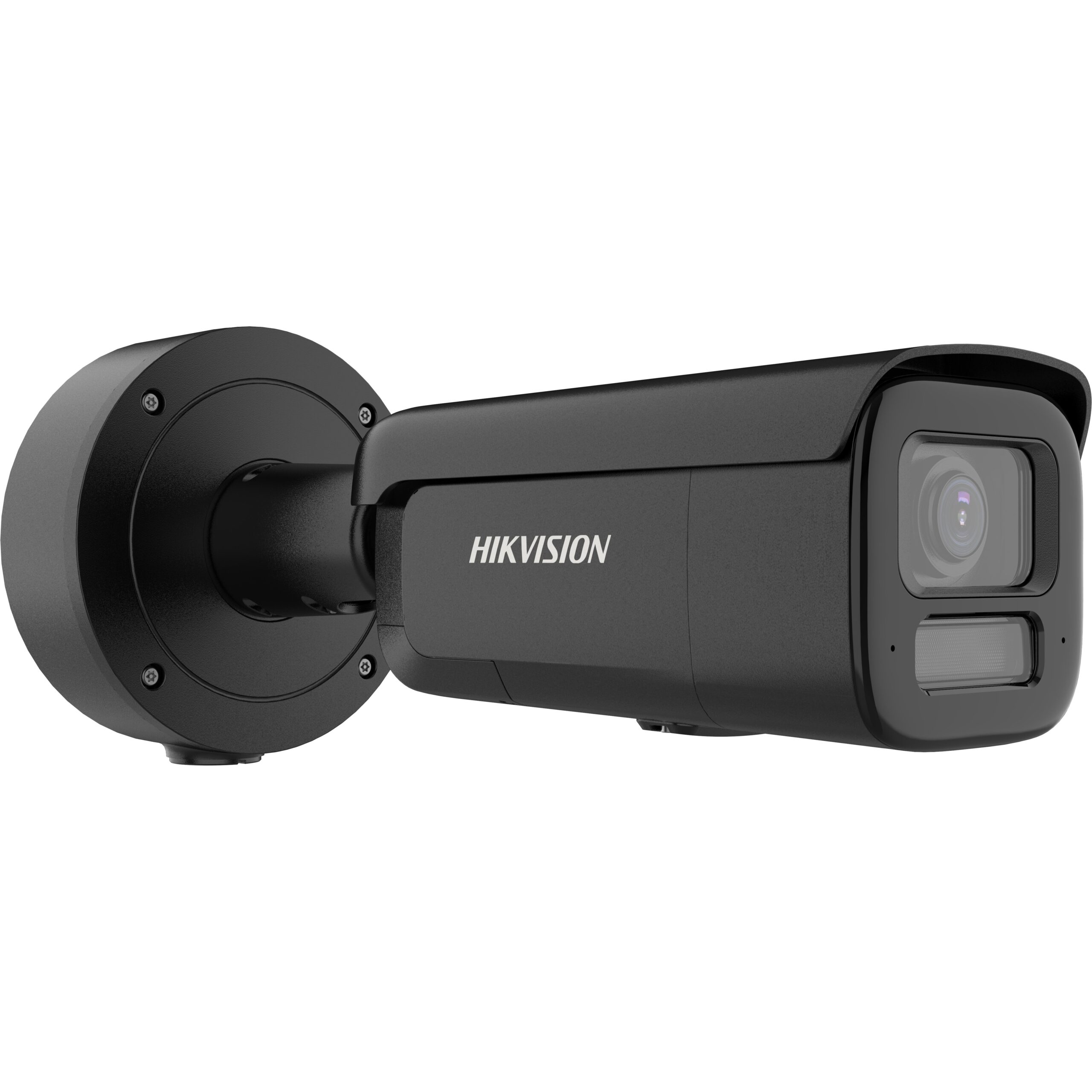 Schwarze Überwachungskamera von Hikvision mit einem zylinderförmigen Gehäuse und einem verstellbaren Wandhalter.
