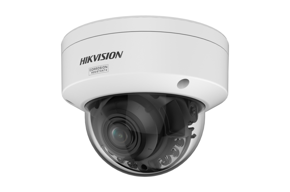 Überwachungskamera von Hikvision mit Kuppelform, gekennzeichnet als korrosionsbeständig.