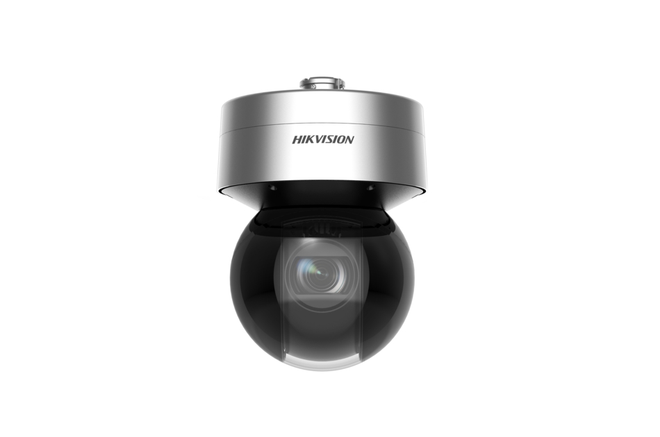 Überwachungskamera von Hikvision mit einer runden, schwarzen Linse und einer silbernen Abdeckung.