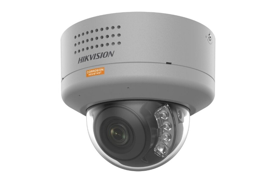 Sicherheitskamera von Hikvision mit kuppelförmigem Gehäuse und erkennbarer Beschriftung "CORROSION RESISTANT".