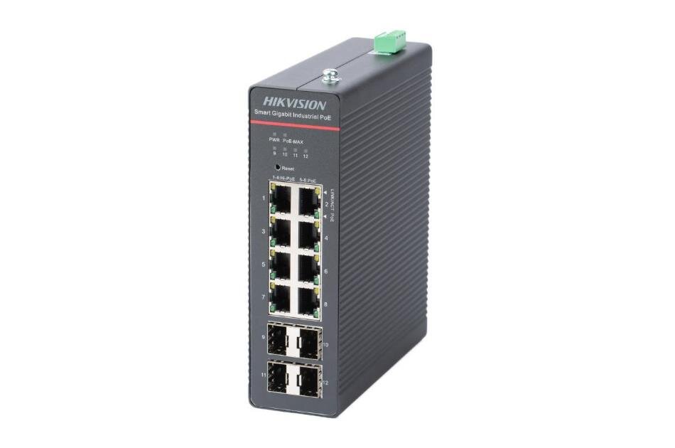 Netzwerk-Switch von Hikvision mit acht Ethernet- und vier Glasfaseranschlüssen.