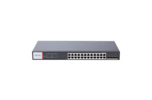 Ein Netzwerk-Switch mit mehreren Ethernet-Ports in einem rechteckigen, schwarzen Gehäuse.