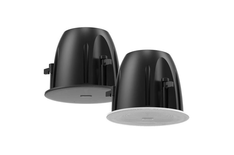 Zwei schwarze Deckenlautsprecher in zylindrischer Form mit einem Gitter an der Unterseite.