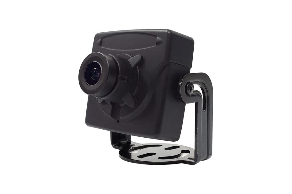 Kompakte Überwachungskamera mit verstellbarer Halterung auf weißem Hintergrund.