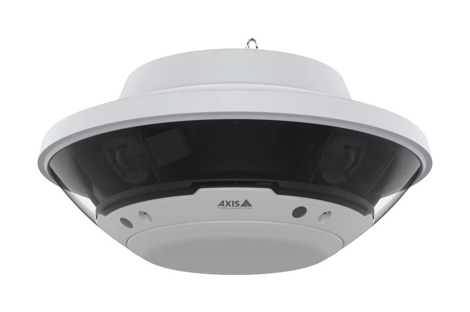 Eine weiße, runde Überwachungskamera mit dem Logo "AXIS" an der Vorderseite.