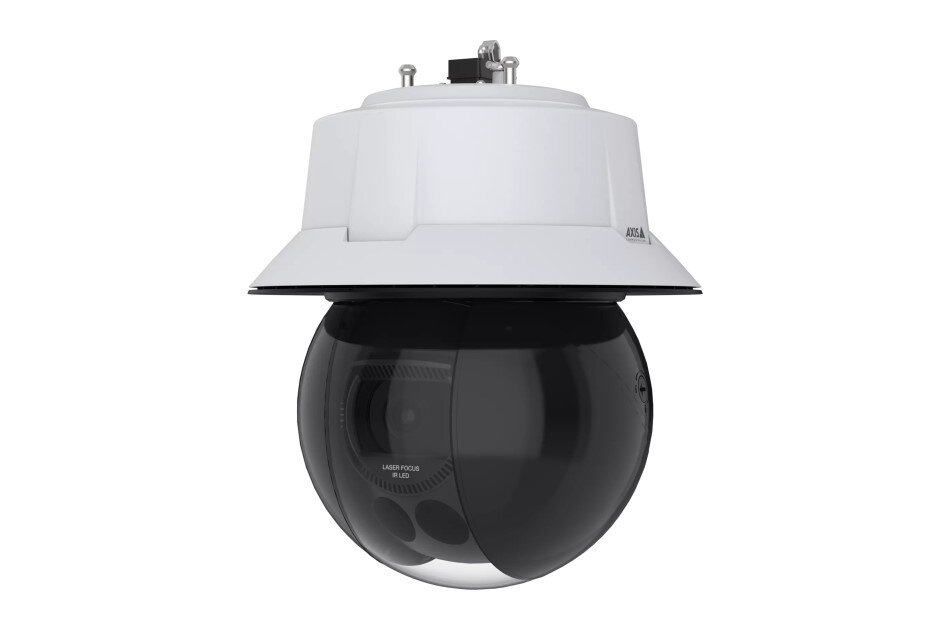 Weiße Überwachungskamera mit schwarzer Kuppel und sichtbaren Sensoren.