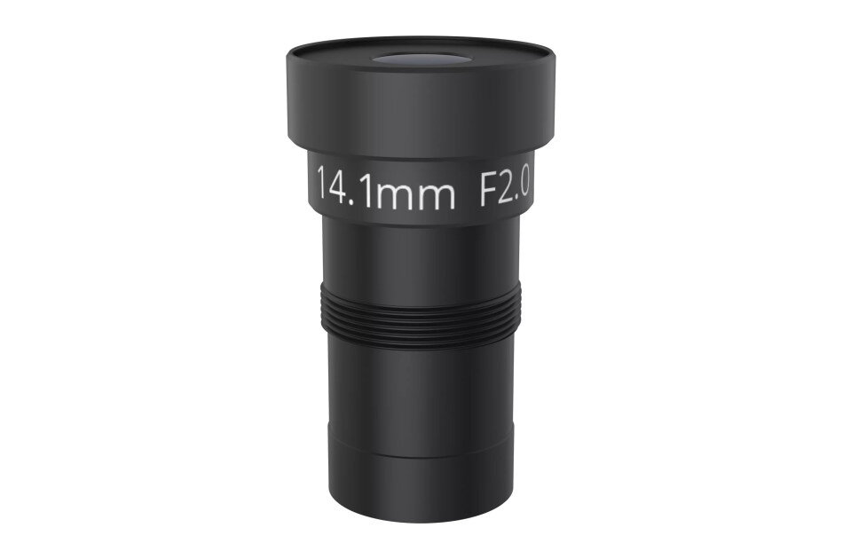 Schwarzes Kameraobjektiv mit der Beschriftung "14.1mm F2.0" auf der Vorderseite.