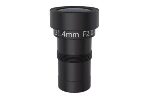 Schwarzes Kameraobjektiv mit der Aufschrift „21,4 mm F2.0“ auf der Vorderseite.