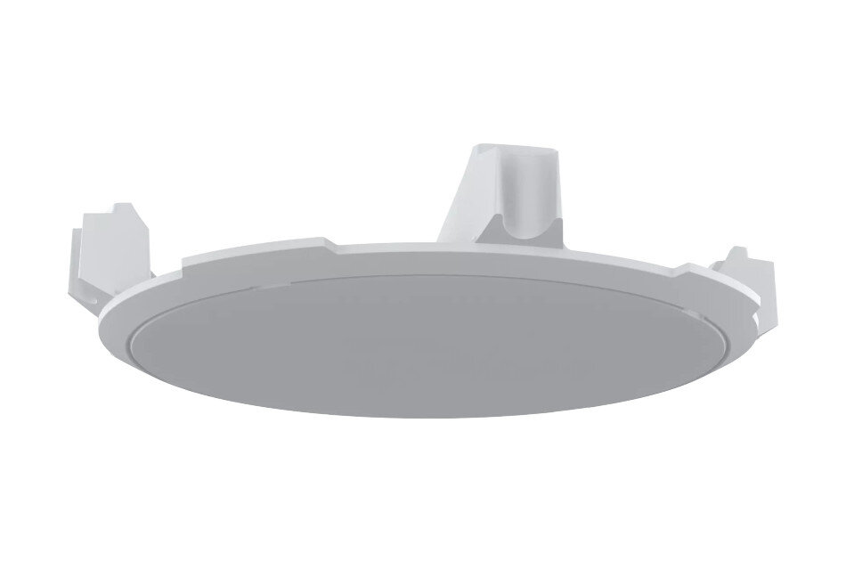 Rundes weißes Deckenlautsprechergehäuse mit Halterung.