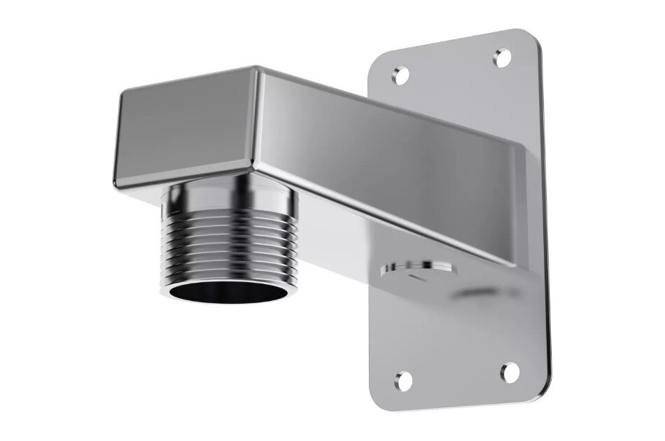 Metallische Wandhalterung mit zylindrischem Anschluss und vier Schraublöchern.