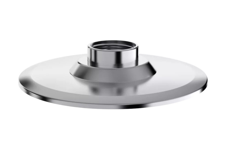 Eine silberne Metallplatte mit mittigem zylindrischen Anschluss.