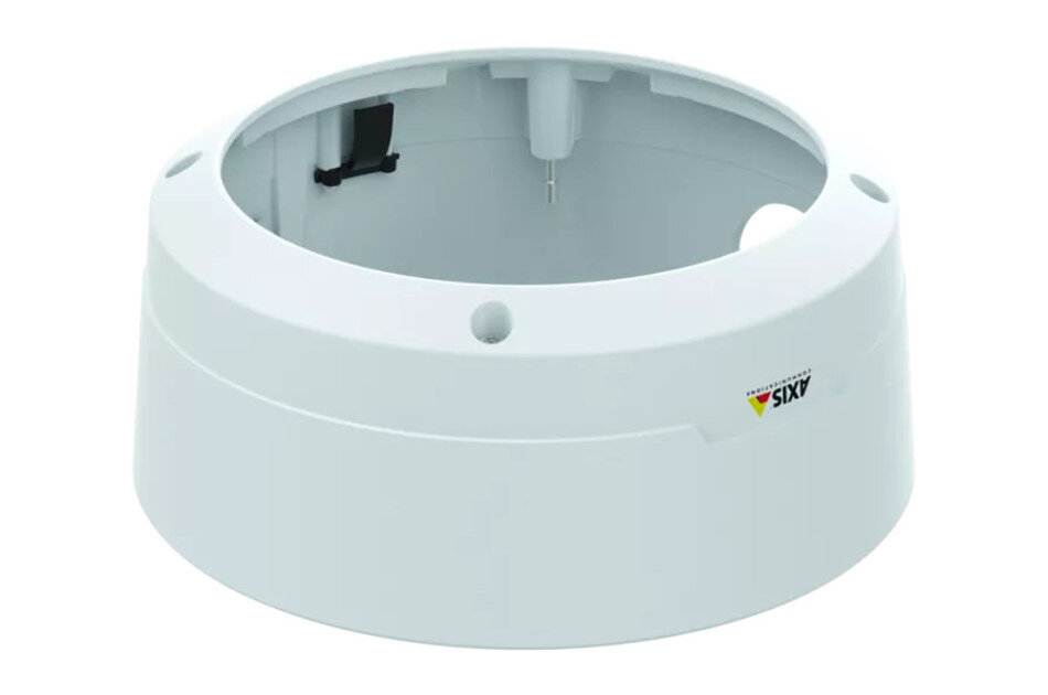 Runde, weiße Adapterkappe mit Öffnungen und einem kleinen Logo auf der Seite.