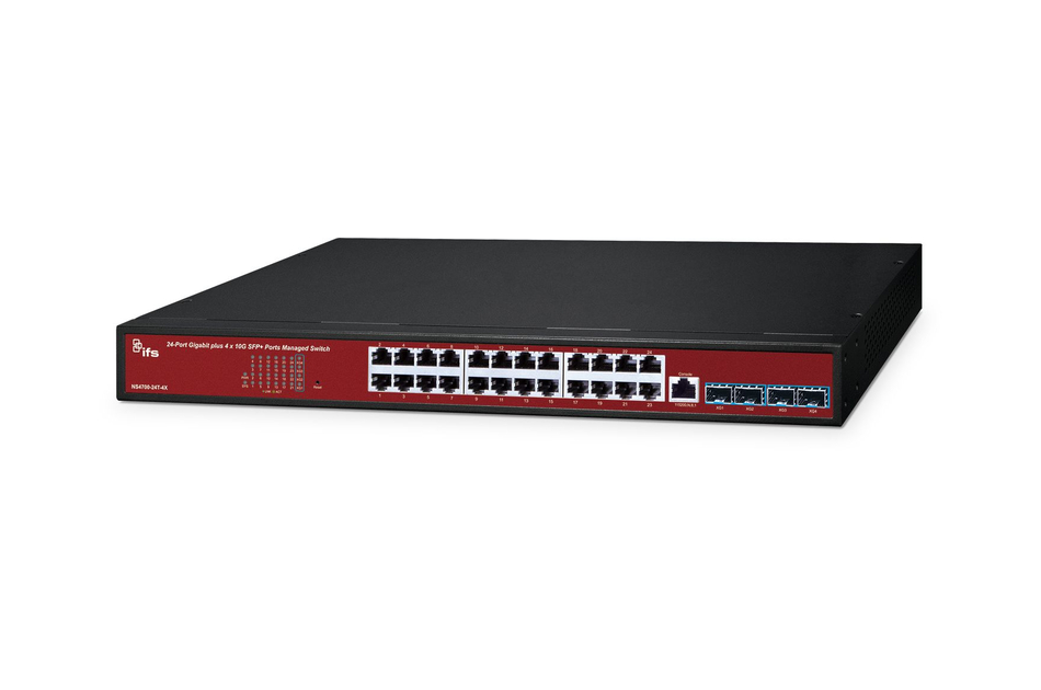 Ein Netzwerk-Switch mit 24 Ethernet-Ports und 4 SFP-Ports auf einer schwarzen und roten Gehäusefront.