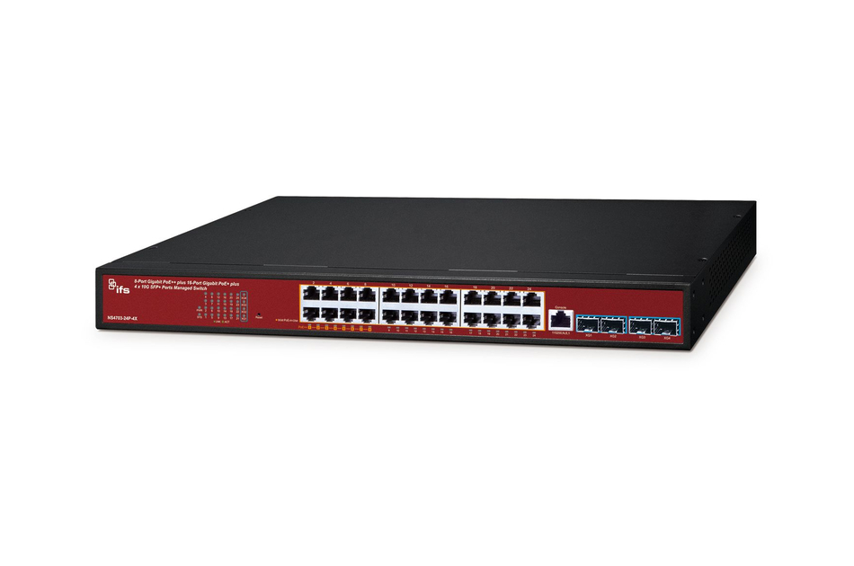 Netzwerk-Switch mit 24 Ethernet-Ports und mehreren SFP-Ports in einem schwarzen und roten Gehäuse.