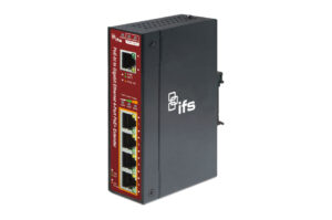 Netzwerk-Switch mit vier Ethernet-Ports und Einschub für Glasfaserkabel, schwarz mit rotem Akzent, Markenlogo "ifs" sichtbar.