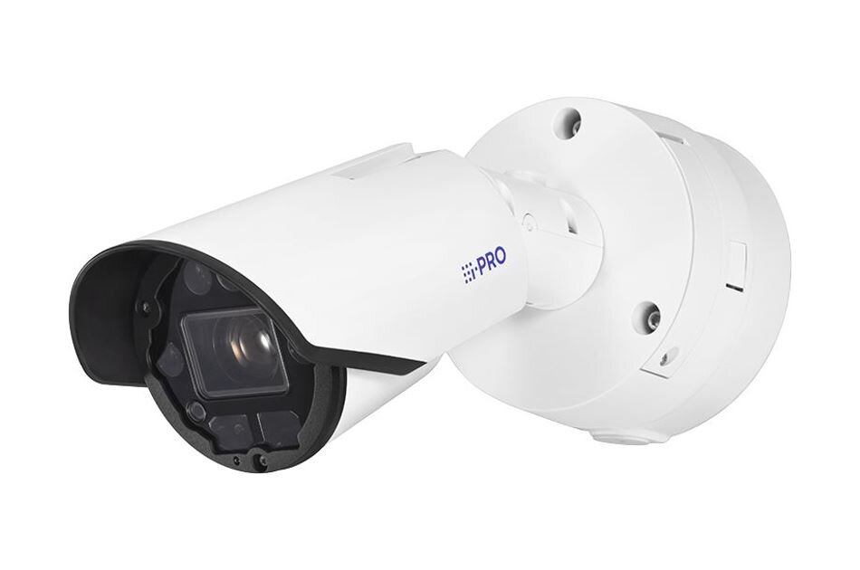 Weiße Überwachungskamera mit wetterfestem Gehäuse und schwarzem Objektivbereich, montiert auf einer Wandhalterung.