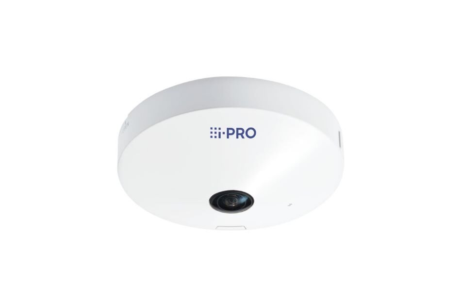Weiße Überwachungskamera der Marke i-PRO mit runder Form und zentrales Objektiv.