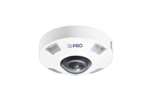 Runde, weiße Überwachungskamera mit mehreren Linsen und dem Logo "i-PRO" darauf.