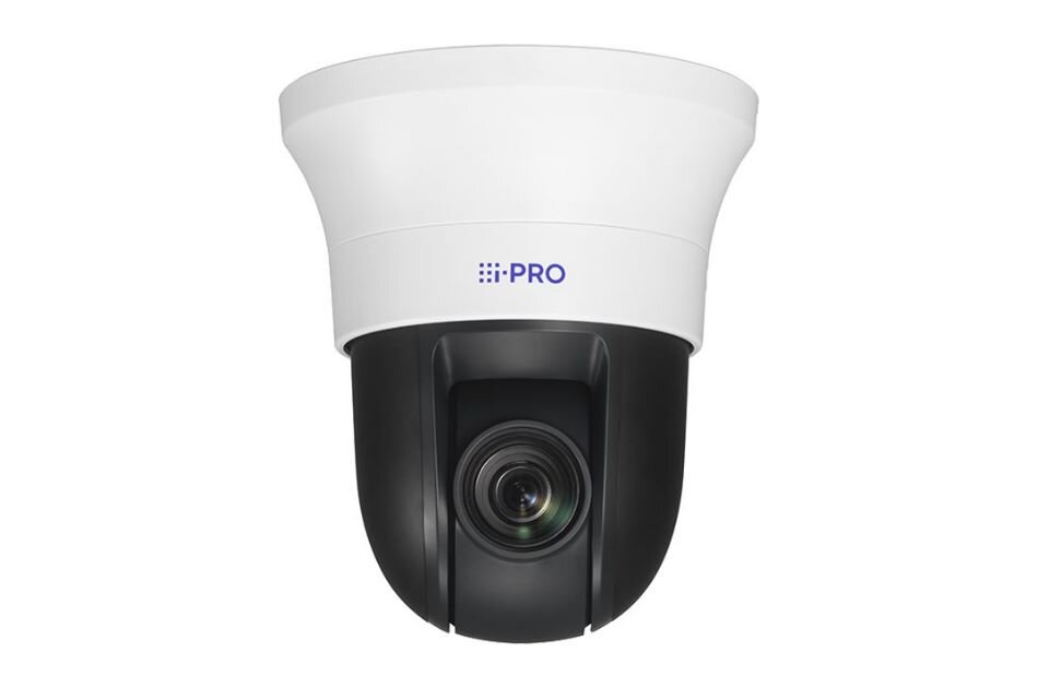 Überwachungskamera mit schwarzem Gehäuse und weißem oberen Teil, Markenname "i-PRO" sichtbar.