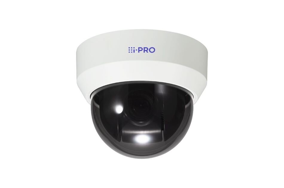 Dome-Überwachungskamera mit schwarzem Gehäuse und weißem Rahmen, darauf das Logo "i-PRO".