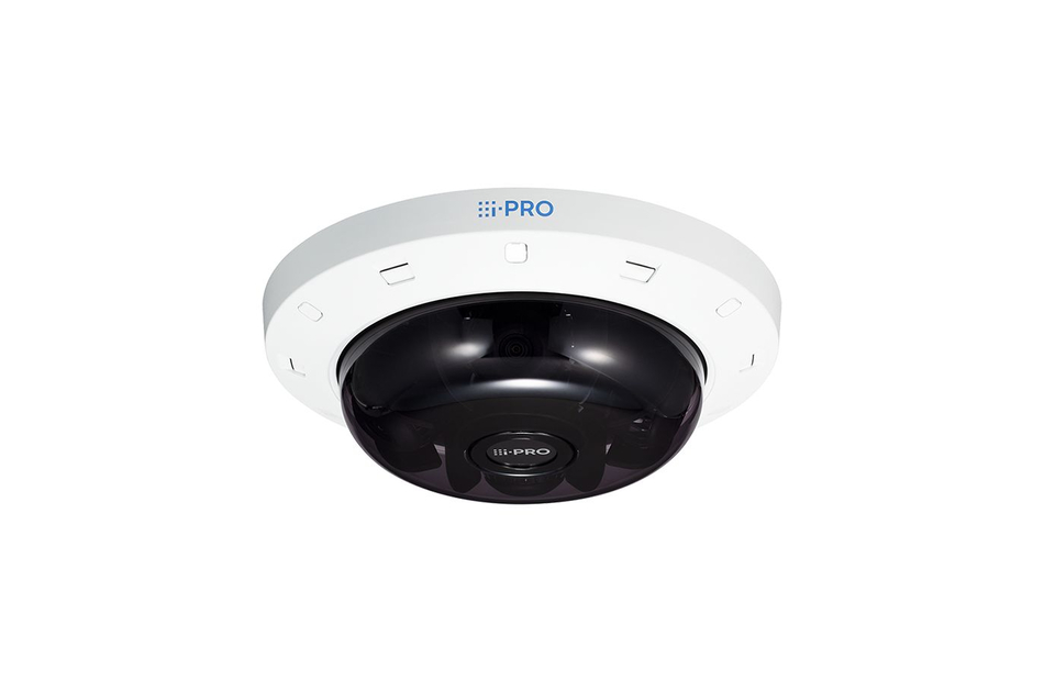 Überwachungskamera mit halbkugelförmigem Gehäuse und sichtbarem Objektiv, Markenlogo oben.