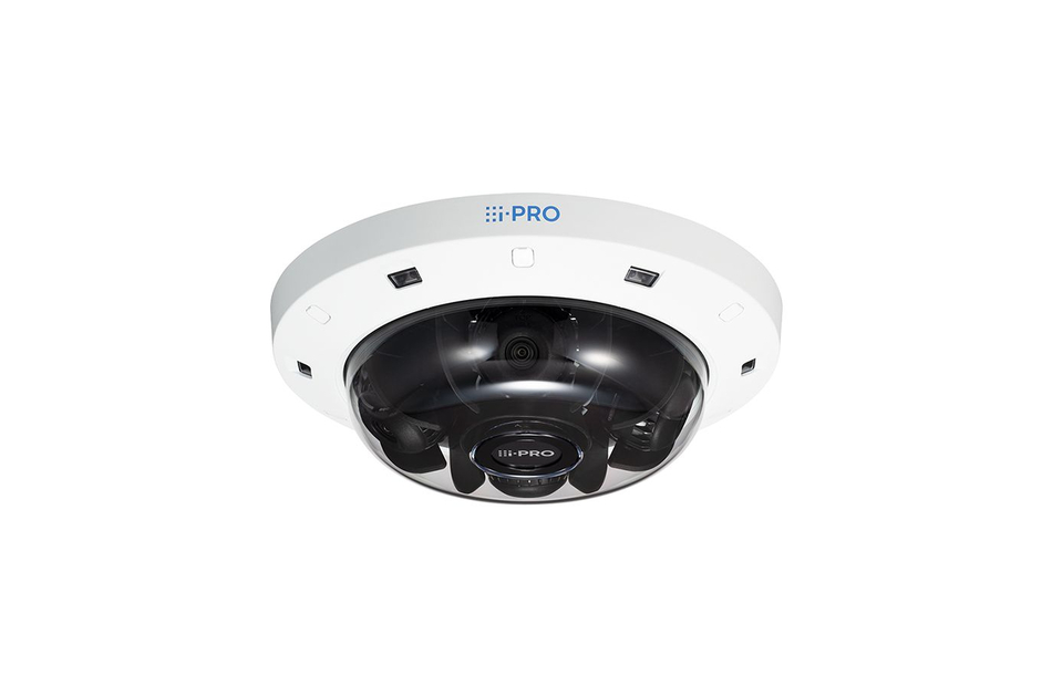 Eine kreisförmige Sicherheitskamera mit Logo einer Marke, die an der Decke befestigt ist.