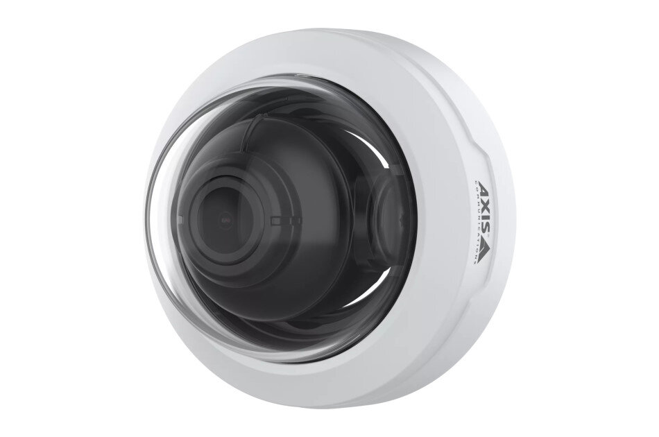 Sicherheitskamera mit kugelförmigem Gehäuse in weiß und schwarz.